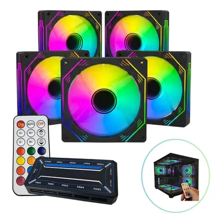 Kit 5 Fans Coolers Rgb Argb 120mm Preto Com Controladora