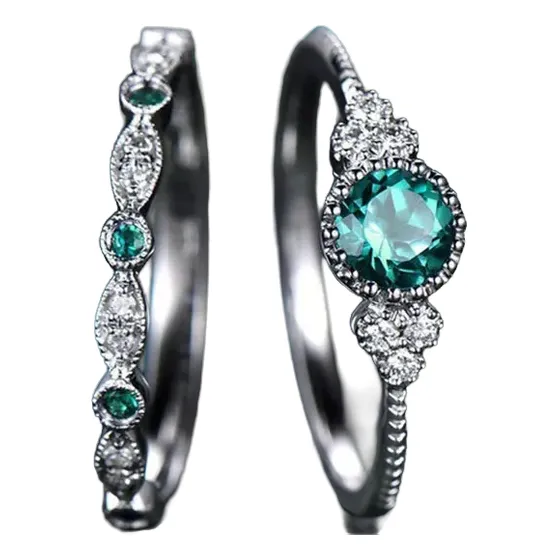 Anillo De Plata Ley 925 , Sortija De Circonita Con Esmeralda