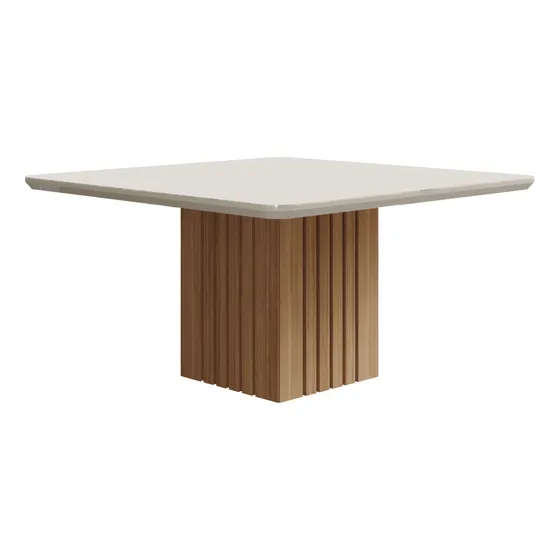Mesa De Jantar Quadrada Com Tampo De Vidro E Mdf Base No Centro Ripado Ana 1,30x1,30 - Madeira Nature/off White