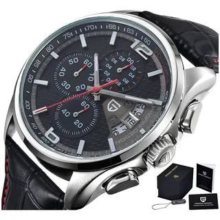 Reloj Pagani Design Pd-3306 Cronógrafo Cuero Negro Bisel Plateado 43mm