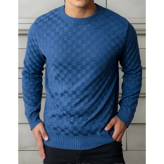 Blusa De Frio Masculina Trico Suéter Lã Gola Careca Xadrez