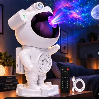 Luminária Projetor Astronauta Lua Galáxia Estrelas Led Bluetooth Efeitos Coloridos Caixa de Som Integrado 360° Ajustável Controle Remoto Perfeito para Dormir Abajur Luminaria de Mesa