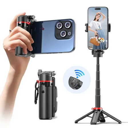 Selfie Stick Mini Para Celular Con Trípode De 4 Patas Control Remoto Bluetooth 10M Rotacion 360 Doble Zapata Fria Portatil TOKQI F07