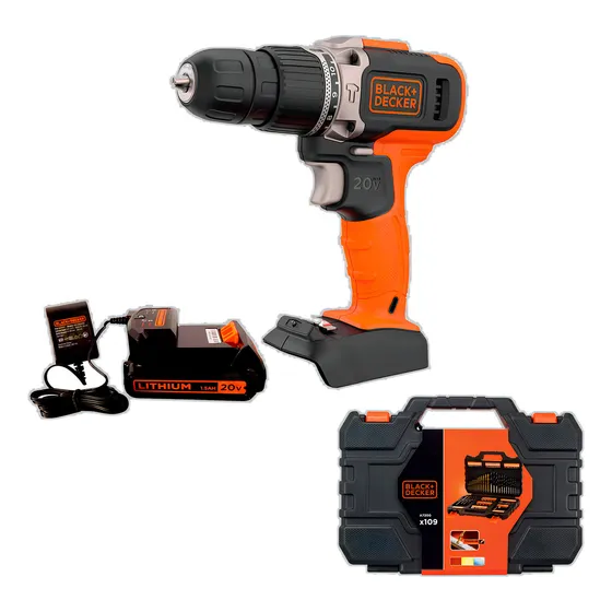 Kit Taladro Percutor 20v + Set De Accesorios Black+decker Color Naranja