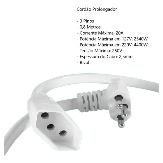 Extensão Elétrica Cordão Prolongador 2p+t 20a 80cm Megatron
