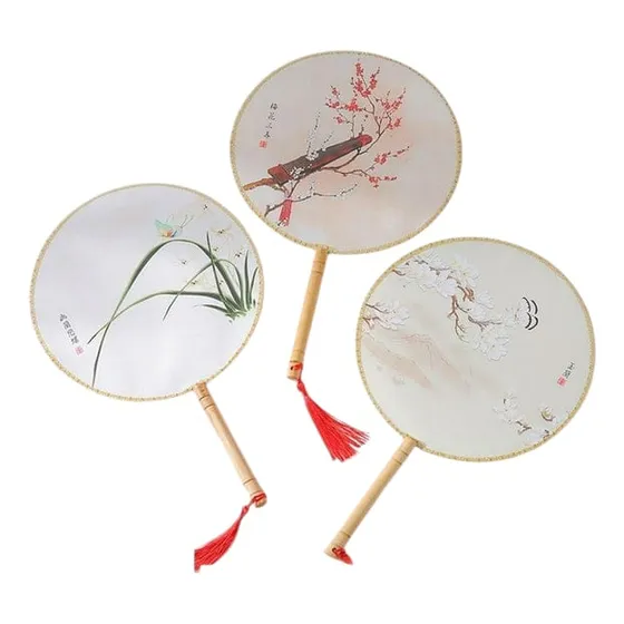 Abanico Estilo Japonés Tela De Seda Mango Madera De Bambú
