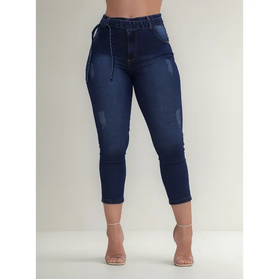Calça Jeans Feminina  Capri Cinto Faixa Removível