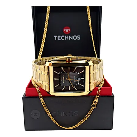 Relógio Technos Masculino Quadrado Executive Original Luxo Dourado 2 Preto