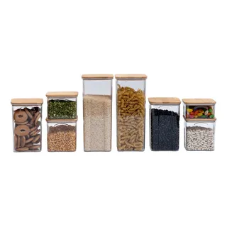 Kit 8 Potes De AcrĂlico Com Tampa De Bambu Quadrado - Oikos Cor Nude Kit 8 Potes De AcrĂlico Com Tampa De Bambu Quadrado - Oikos Cor Nude