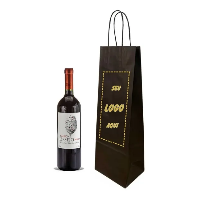Sacola Embalagem Vinho Personalizada Kraft Preta - 100 Un