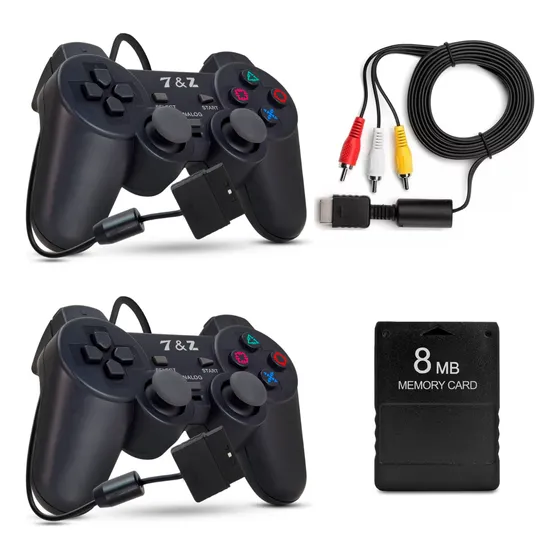 Kit 2 Controle Compatível Com Ps2 Cabo De Vídeo Memory Card