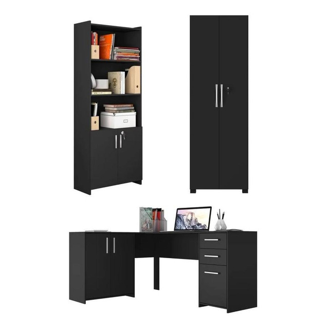 Conjunto Para Escritório 1 Mesa De Canto 2 Armários Notável Móveis Cor Preto Tx Conjunto Para Escritório 1 Mesa De Canto 2 Armários Notável Móveis Cor Preto Tx