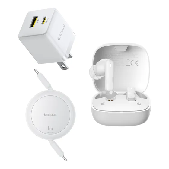 Kit Baseus Audifonos Bluetooth 5.3 Bowie E20 33 Hrs Con El Estuche De Carga 6 Hrs Uso Continuo Cancelación De Ruido + Cargador De Pared Usb 2 Puertos C Y A + Cable Retráctil Tipo C A Tipo C