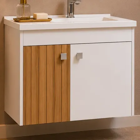 Conjunto Armário Gabinete Cuba Espelheira Para Banheiro Clas Branco/ripado Branco Um Furo