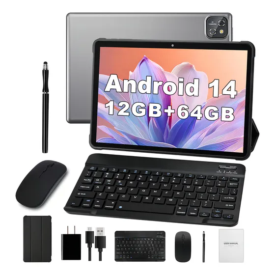 Tablet AORZOO 10.1'' Android 14 12GB RAM 64GB 5G Wi-Fi Bluetooth con Funda y Teclado Gris