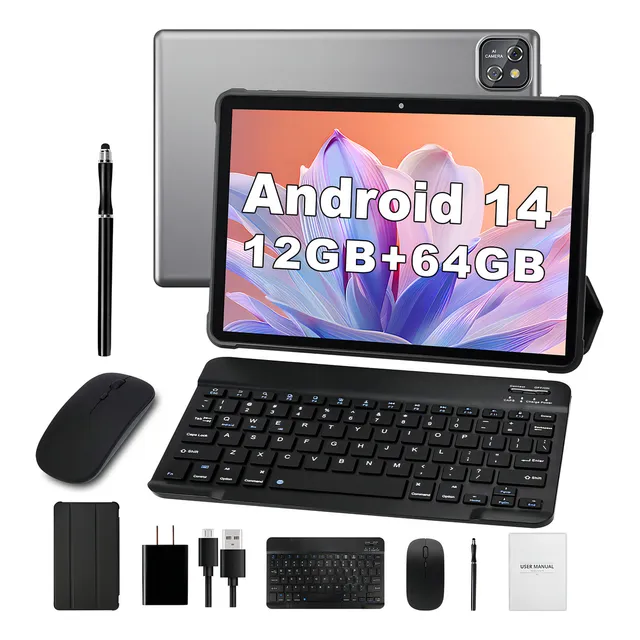 Tablet AORZOO 10.1'' Android 14 12GB RAM 64GB 5G Wi-Fi Bluetooth con Funda y Teclado Gris