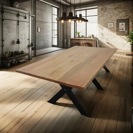 Mesa Rustica Hierro Y Madera Roble Pata En X Quincho Galeria
