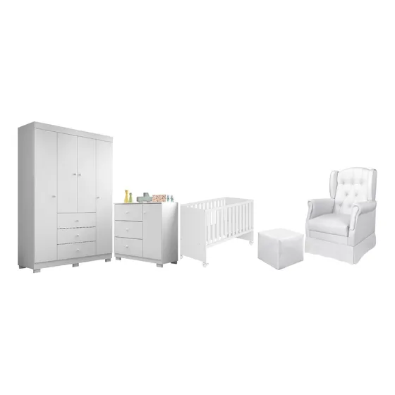 Kit Quarto Completo Bebê Roupeiro+cômoda+berço+poltrona+puff