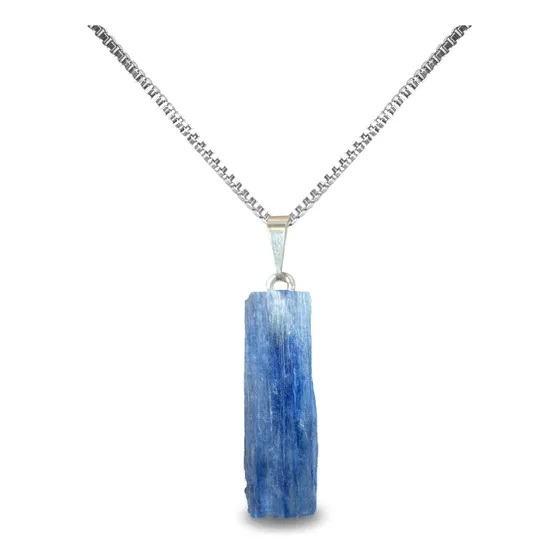 Colar De Prata 925 Com Cristal Natural Pedra Cianita Azul