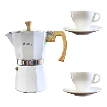 Set Cafetera Italiana Aluminio Y 2 Pocillos Con Platos Set Cafetera Italiana Aluminio Y 2 Pocillos Con Platos