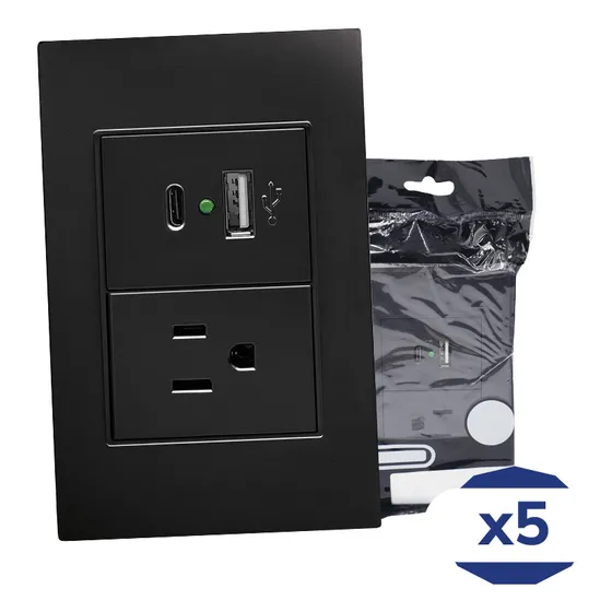 Placa Contacto Sencillo 90-277vca Y Convertidor De Voltaje Doble Usb 5vcd 2.1a Negro Mate 77x124mm Premium Artlite Apl-307 Paquete 5 Piezas