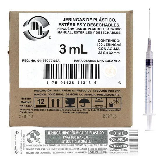 Jeringas De Plástico Dl 3 Ml Con Aguja 22gx32mm Caja 100pz