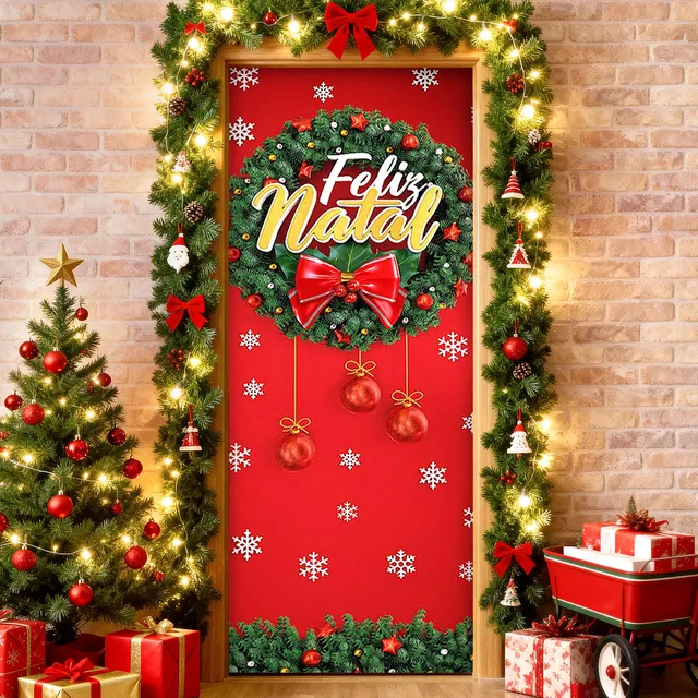 Painel Capa De Porta Natal Guirlanda Em Tecido Decorativo 0,85x2,10m C/elástico