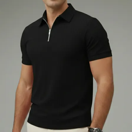 Camisa Polo Com Ziper Manga Curta Canelada Camiseta Básica
