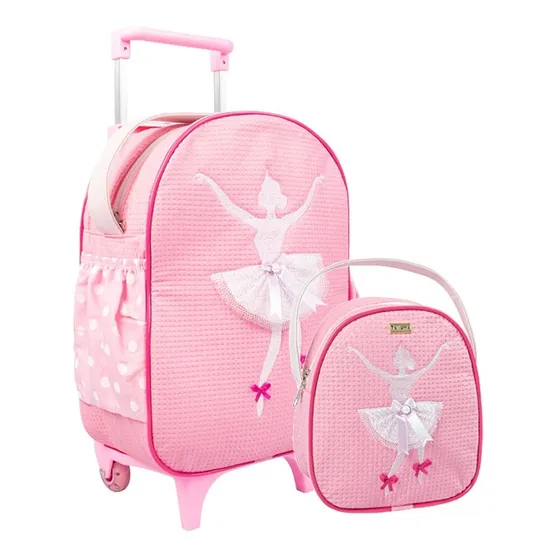 Mochila Escolar Infantil Rodinha Lancheira Estojo Bichos Cor Bailarina Desenho Do Tecido Liso