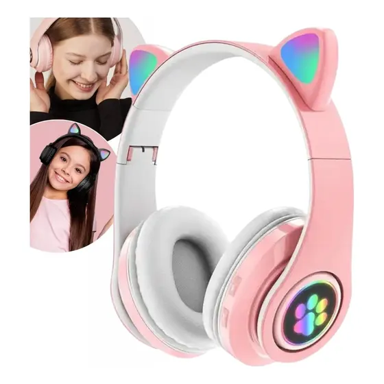 Fone Headset Gatinho Com Fio Orelha Led Para Criança Meninas
