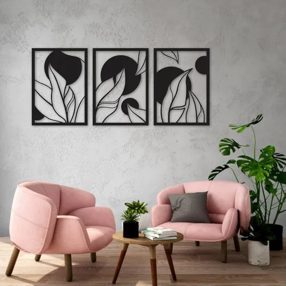 Cuadro Artesanal Triptico Hojas Circulos Calado Mdf  90x40cm