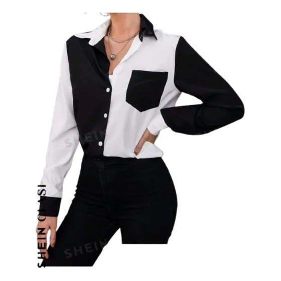 Shein Camisa De Color Combinado Con Bolsillo Para Dama