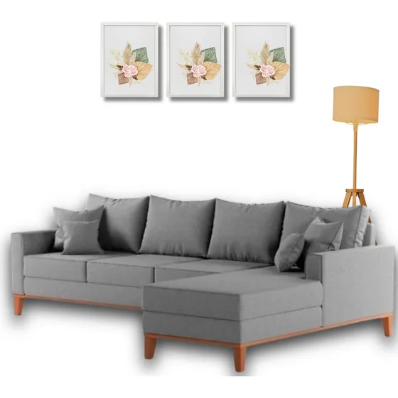 Sofá Beny Chaise 2,60x1,40 Direito Linho Cor Cinza