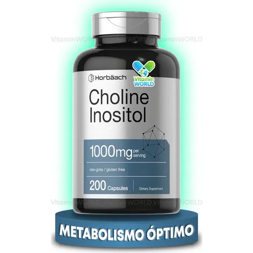 Choline & Inositol 1000mg Horbaach 200 Cápsulas Suplemento Combinado de Colina e Inositol Alta Potencia Vegetariano Sin Gluten y Libre de OGM