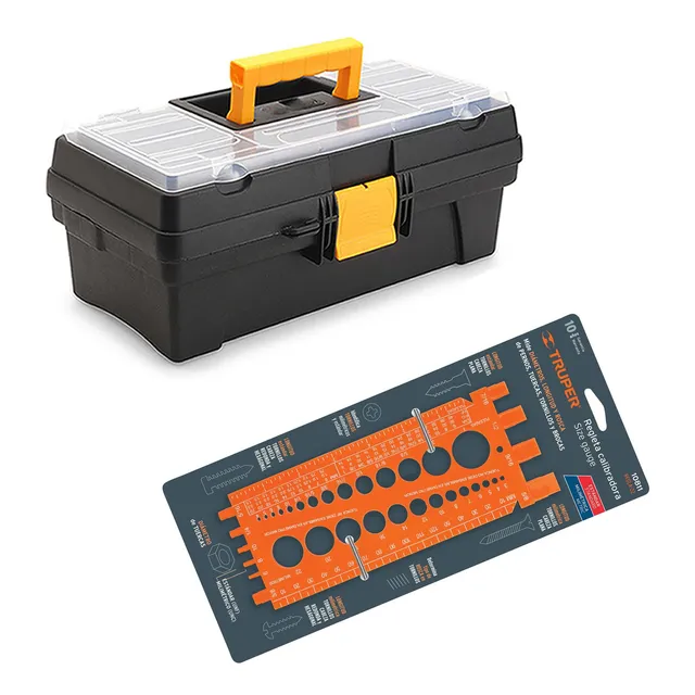 Caja Herramientas 12  + Regleta Medidora Tuercas Tornillos