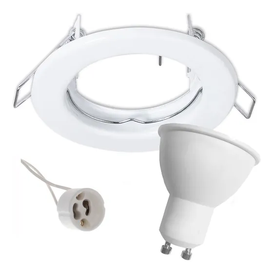 Pack X 20 Spot De Embutir Fijo Aro Metalico Redondo 8cm Color Blanco Completo Con Zocalo Y Dicroica Led Luz Fria 7w