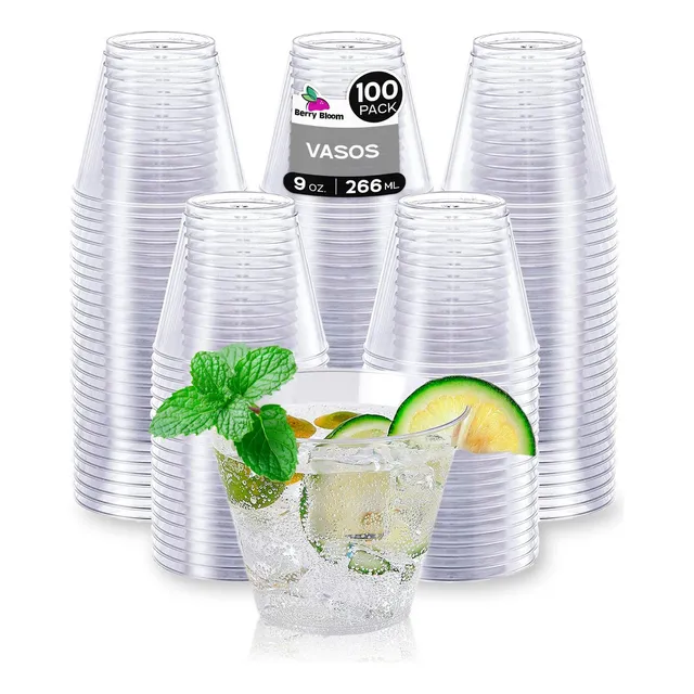 100 Vasos Desechables De Plástico Berry Bloom Tipo Cristal Premium 9 Oz 266 ml Para Fiestas Bodas Postre Cócteles Vino