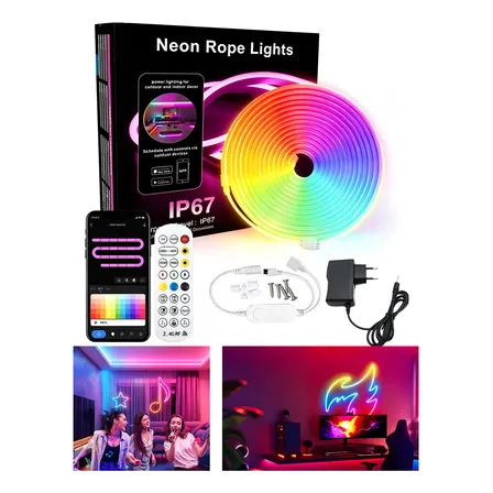 Fita Led Neon Rgb De Wifi E Tuya 5m Ip67 Prova D'agua +fonte Rgb,app Controle Remoto Flexível À Prova D'água Neon Fita De Led Para Quarto, Sala De Jogos, Decoração Ao Ar Livre 110v/220v 24v