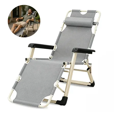Cadeira Espreguiçadeira Reclinável Dobrável 4 Posições Portátil Reforçada Com Travesseiro Para Praia Piscina Camping Pesca Escritório Estrutura Em Aço Suporta 120kg Cinza