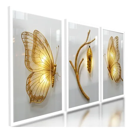 Quadros Decorativos Borboleta Casulo Branco Dourado 122x60