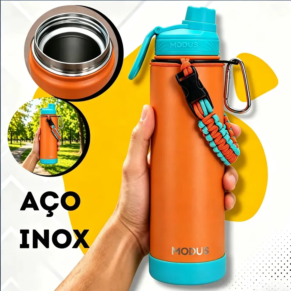 Garrafa Térmica Cokunst 750ml Inox À Prova de Vazamento Cordinha Resistente modus Para Água Gelada e Quente Azul e laranja