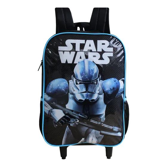 Mochila Escolar Com Rodinhas Do Star Wars Guerra Na Estrelas Cor Azul-aço Desenho do tecido Vermelho Guerra nas Estrelas