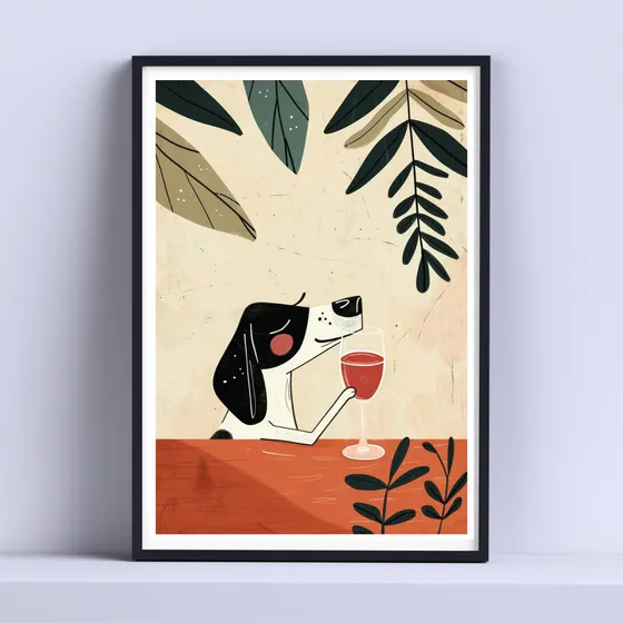Cuadro Perro Tomando Vino Animales  30x40cm Con Vidrio