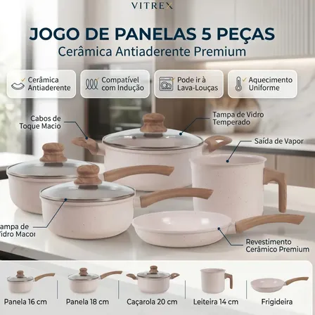 Jogo De Panelas Cerâmico Triplo Indução Vitrex Ecoglid 5 Peças Cor Baunilha