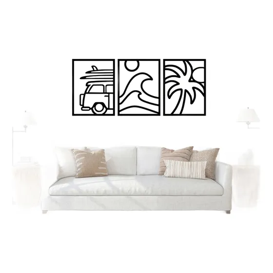 Set De 3 Cuadros Estilo Chill Playa Surf - Mdf Calado