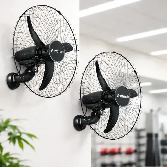 Kit 2 Ventiladores Parede 60cm 200w Bivolt Ventimais 60 Cm 60hz Preto Pp Com Fibra 3