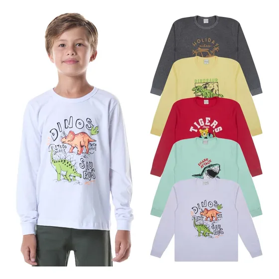 Kit 5 Camisetas Manga Longa Infantil Menino Juvenil Atacado