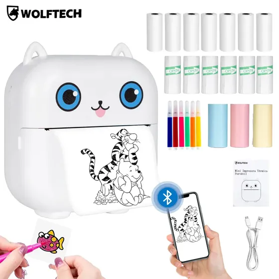 Mini Impresora Térmica Portátil Bluetooth 15 Rollos Color Blanco Marca WOLFTECH