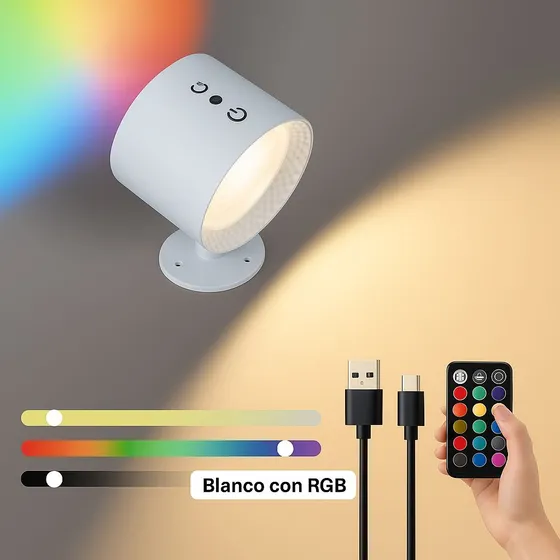 Luz Led Pared Nocturna 360 Doble Cabeza Recargable Rgb Contr Blanco