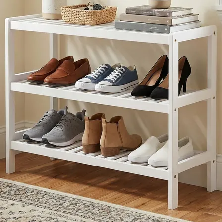 Sapateira Organizador De Calçados De Bambu, 3 Níveis, Branco